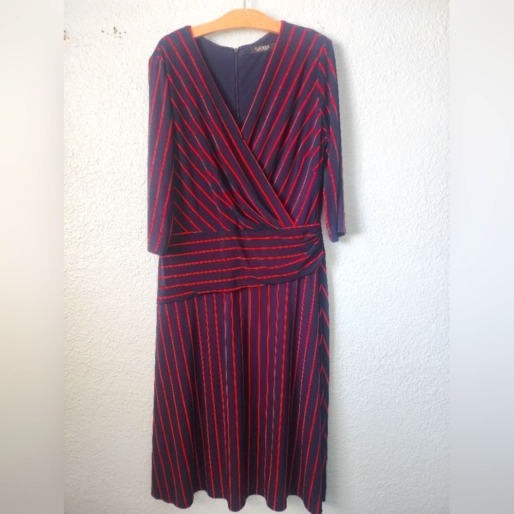 Ralph Lauren Red and Blue Ruched Faux Wrap Dress V-Neck